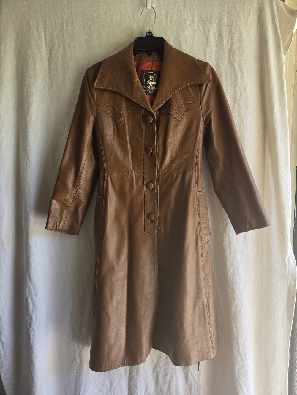 Vintage 1970s Leather Trench Coat Womens Size 8 Belted Made In USA Boho Brown